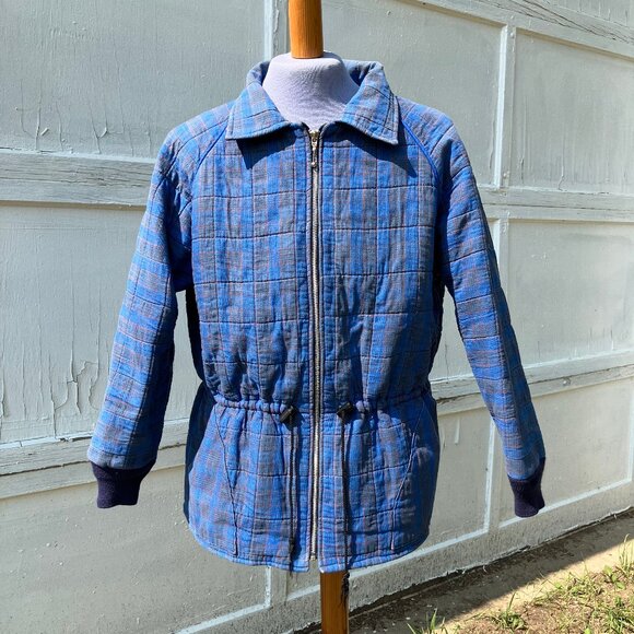 Vintage Blue Plaid Quilted Chore Coat Jacket with Drawstring Waist & Pockets - Picture 5 of 5